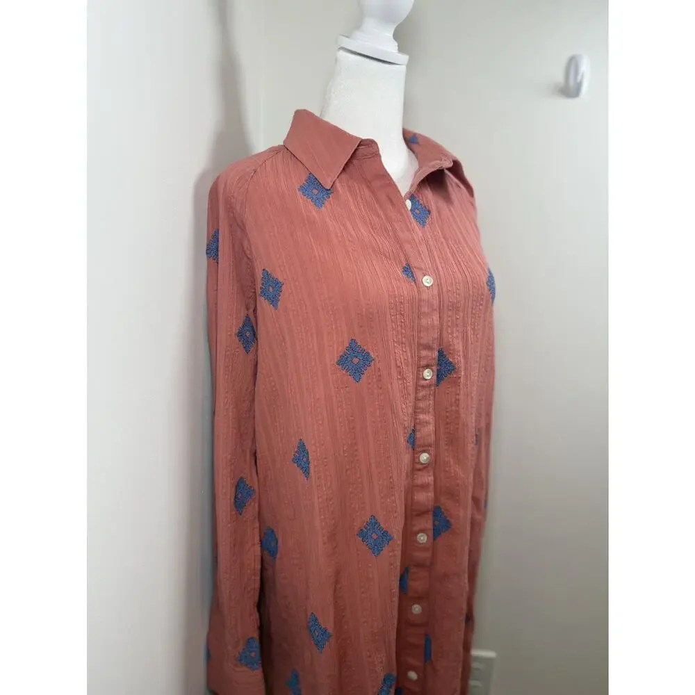 J. Jill Pure Jill Embroidered Shirtdress CoralBlue Small Cotton Boho Cottagecore